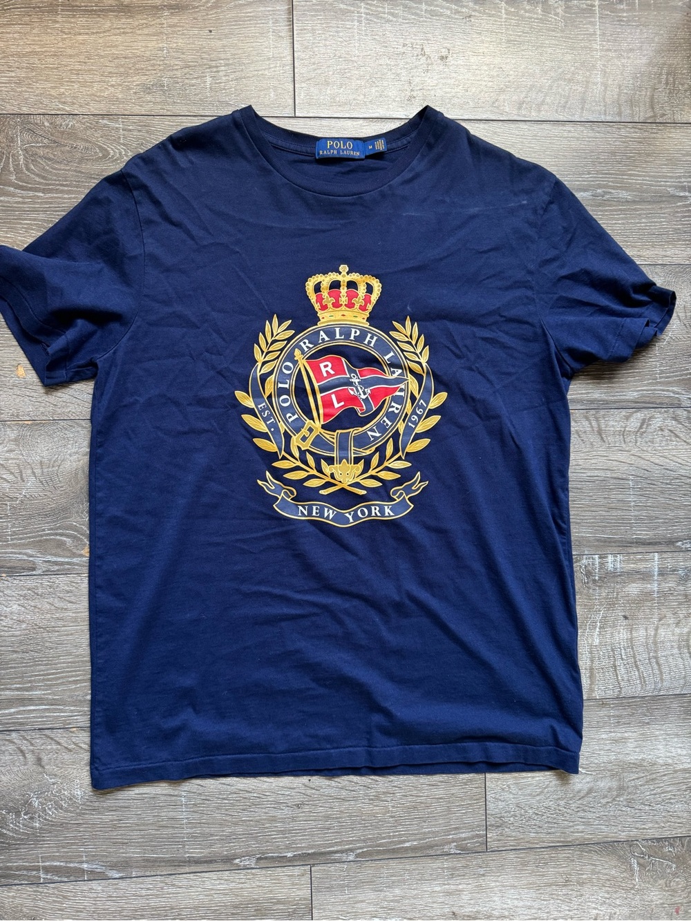 Polo by Ralph Lauren Navy Crest Logo Tee with Gold and Red Detail